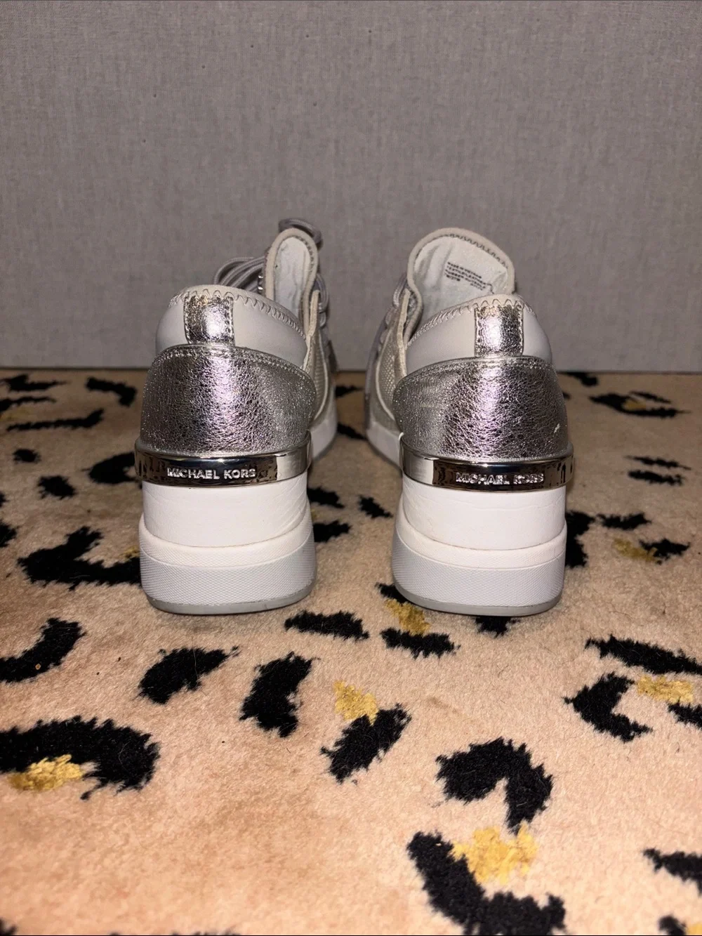 Michael Kors LIV Leather & Mesh Metallic Silver Lace-Up Wedge Sneakers